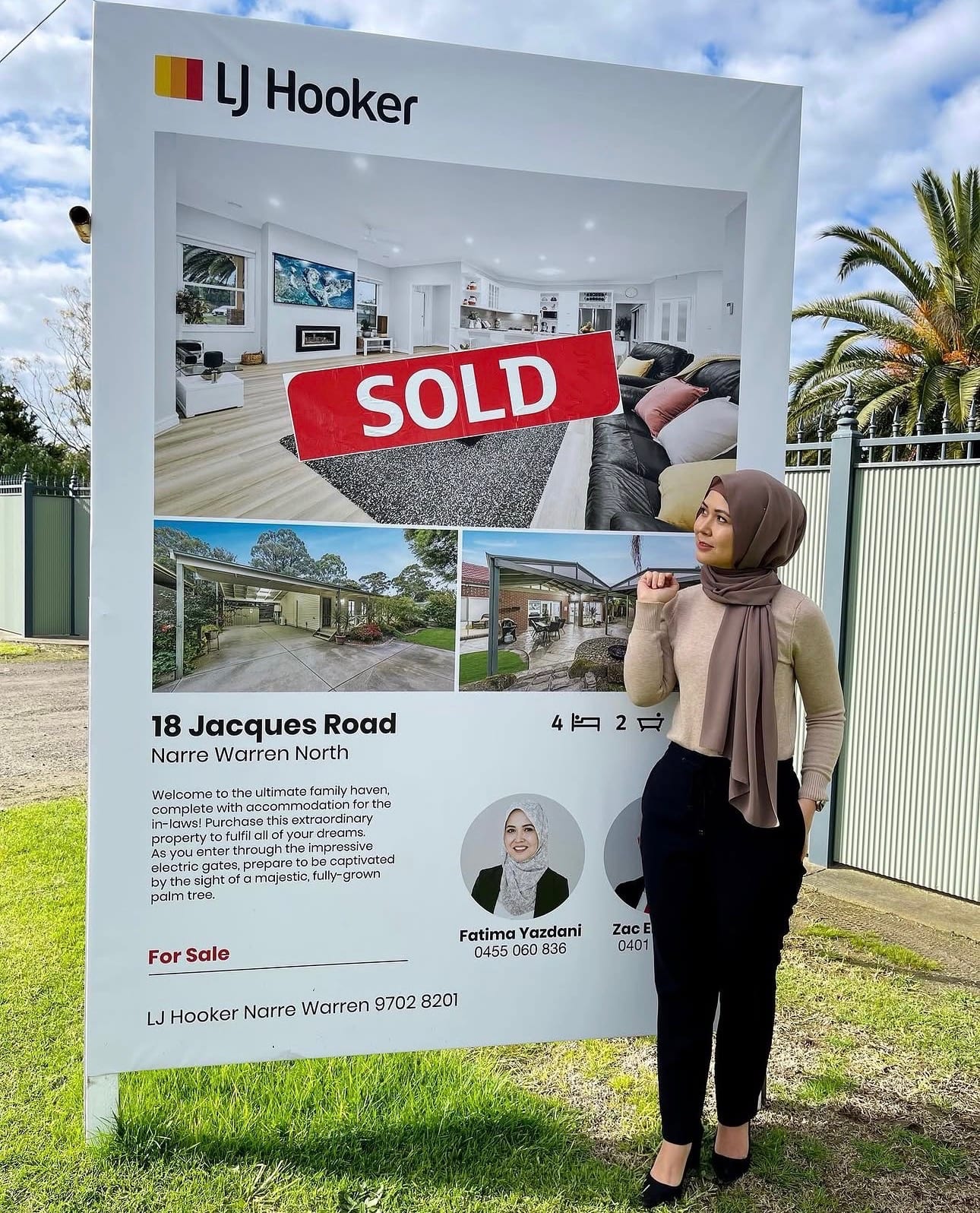 LJ Hooker SOLD board for 18 Jacques Road, Narre Warren North, with Fatima Yazdani.